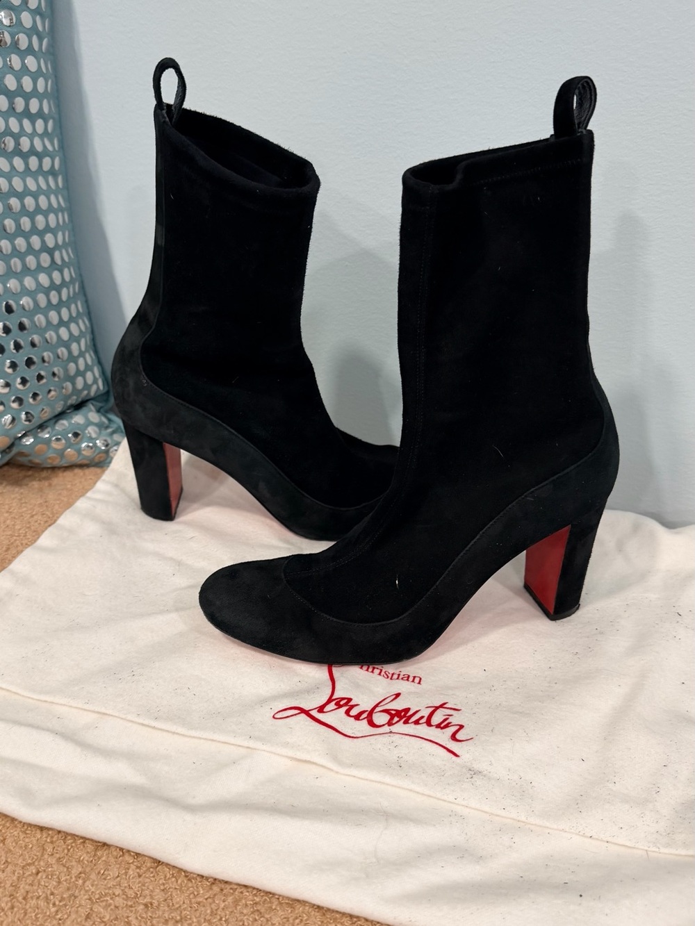 Christian Louboutin Black Suede Mid-Calf Boots with Red Sole